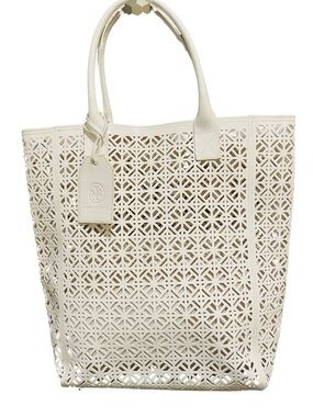 Tory Burch Patent Perforated Laser Cutout North South PVC Tote White